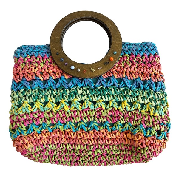 Cappelli Straworld Handbags - CAPPELLI STRAWORLD Turquoise Crochet Toyo Straw Wooden Grip Satchel Tote Handbag